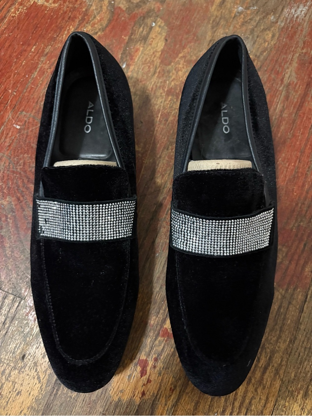 Aldo Black Velvet Loafers with Rhinestone Band